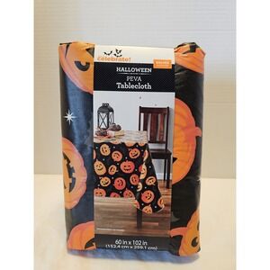 Halloween Black Orange Jack-O-Lantern Vinyl Peva Tablecloth 60"x102" NIP